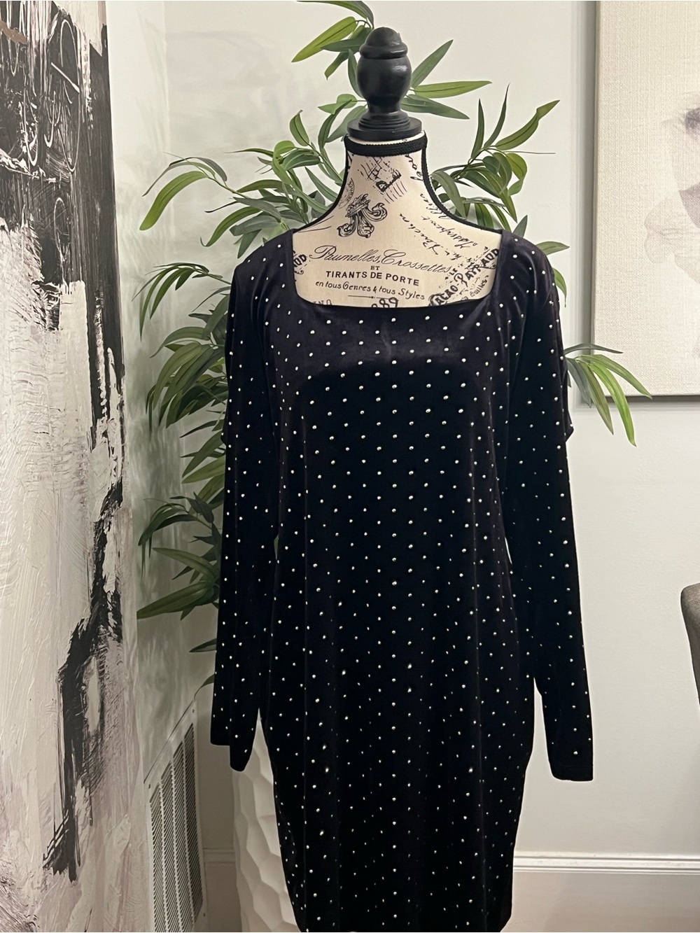 H&M Black Velvet Long-Sleeve Dress with Metallic Gemstones.